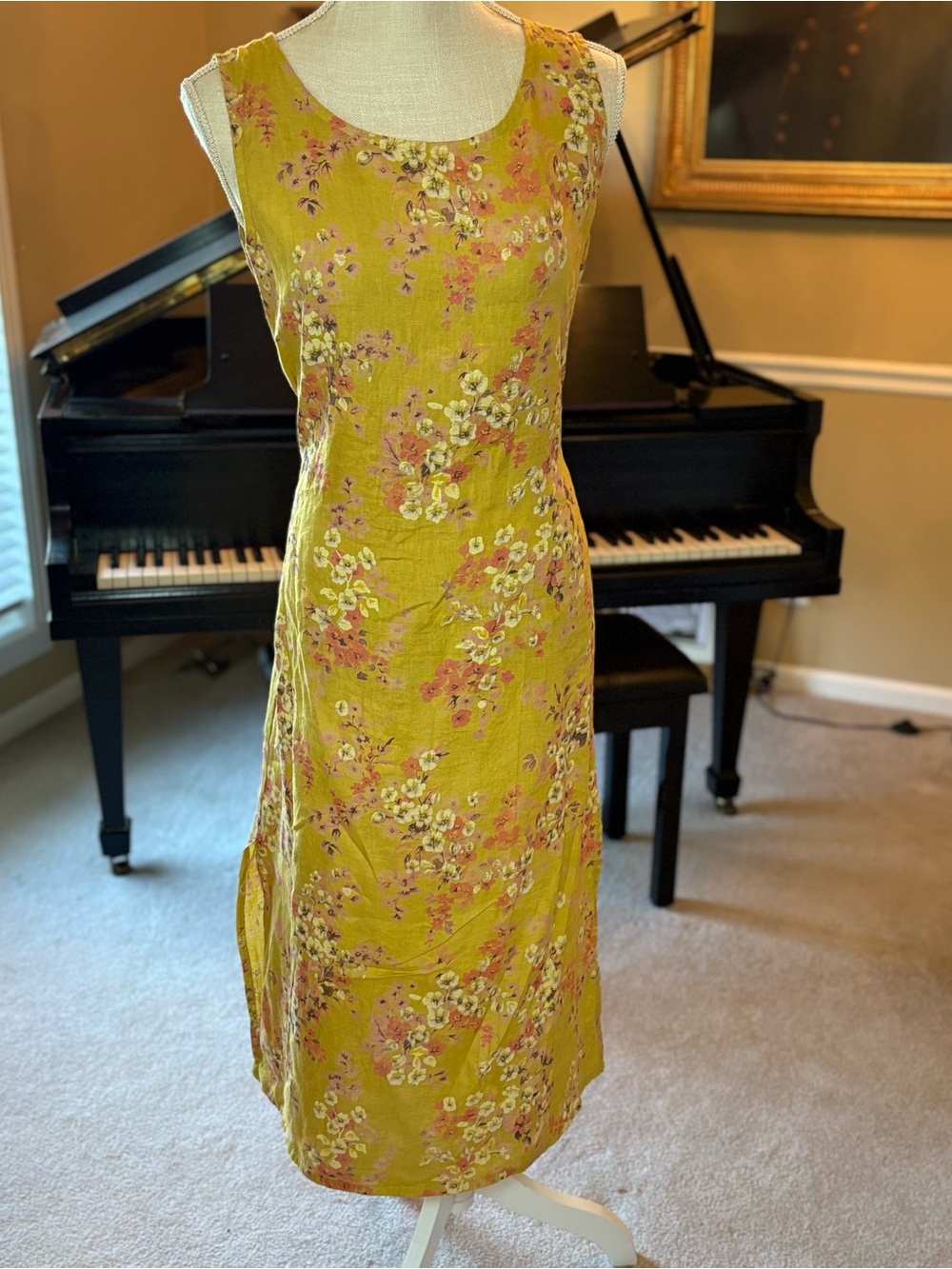 100% Linen Made in Italy Sleeveless Floral Midi Dress in Ochre Yellow
